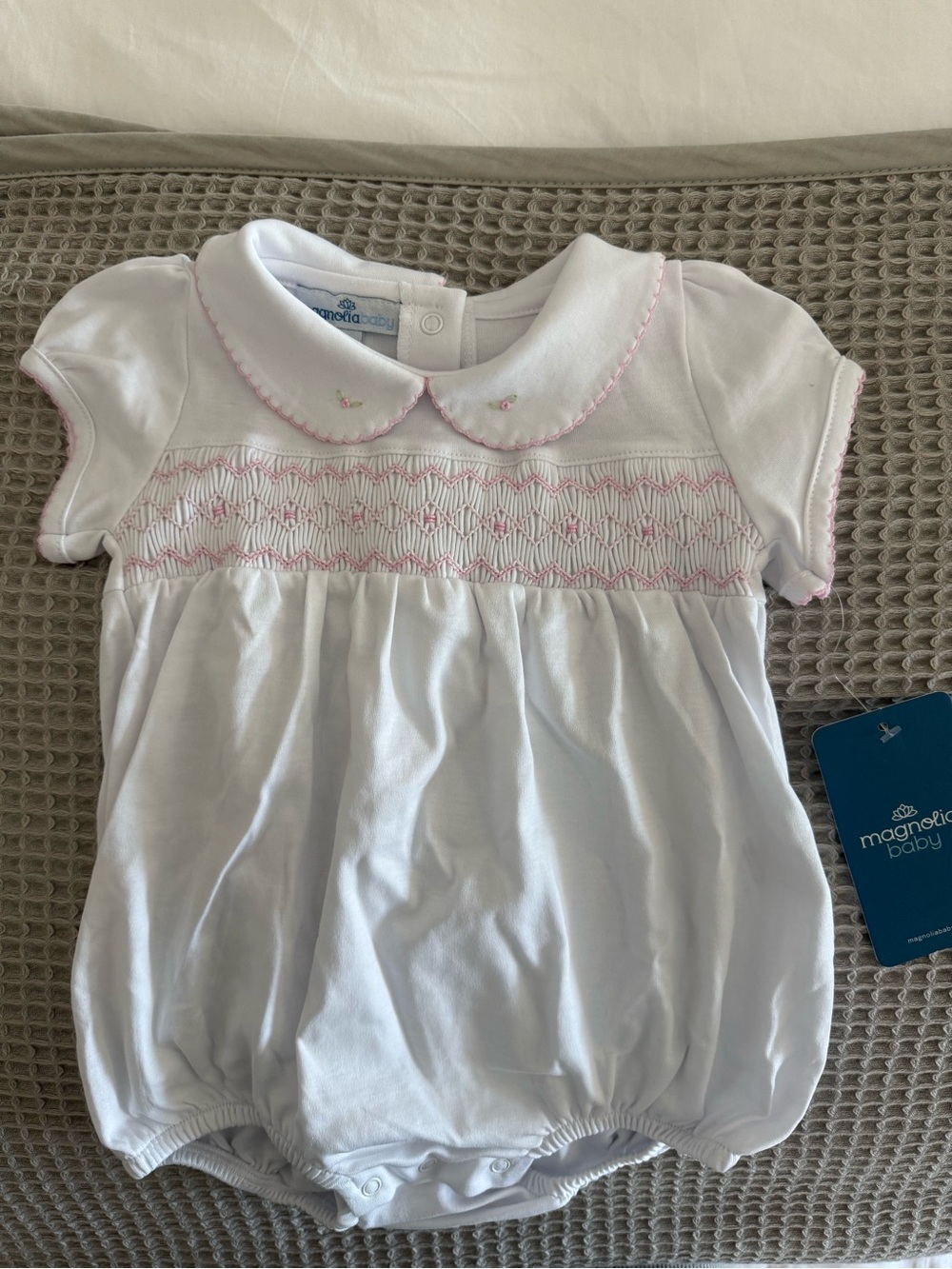 Magnolia White Romper with Pink Smocking